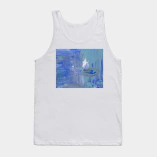 Abstract Oil Painting Waterlily White Blue Tank Top